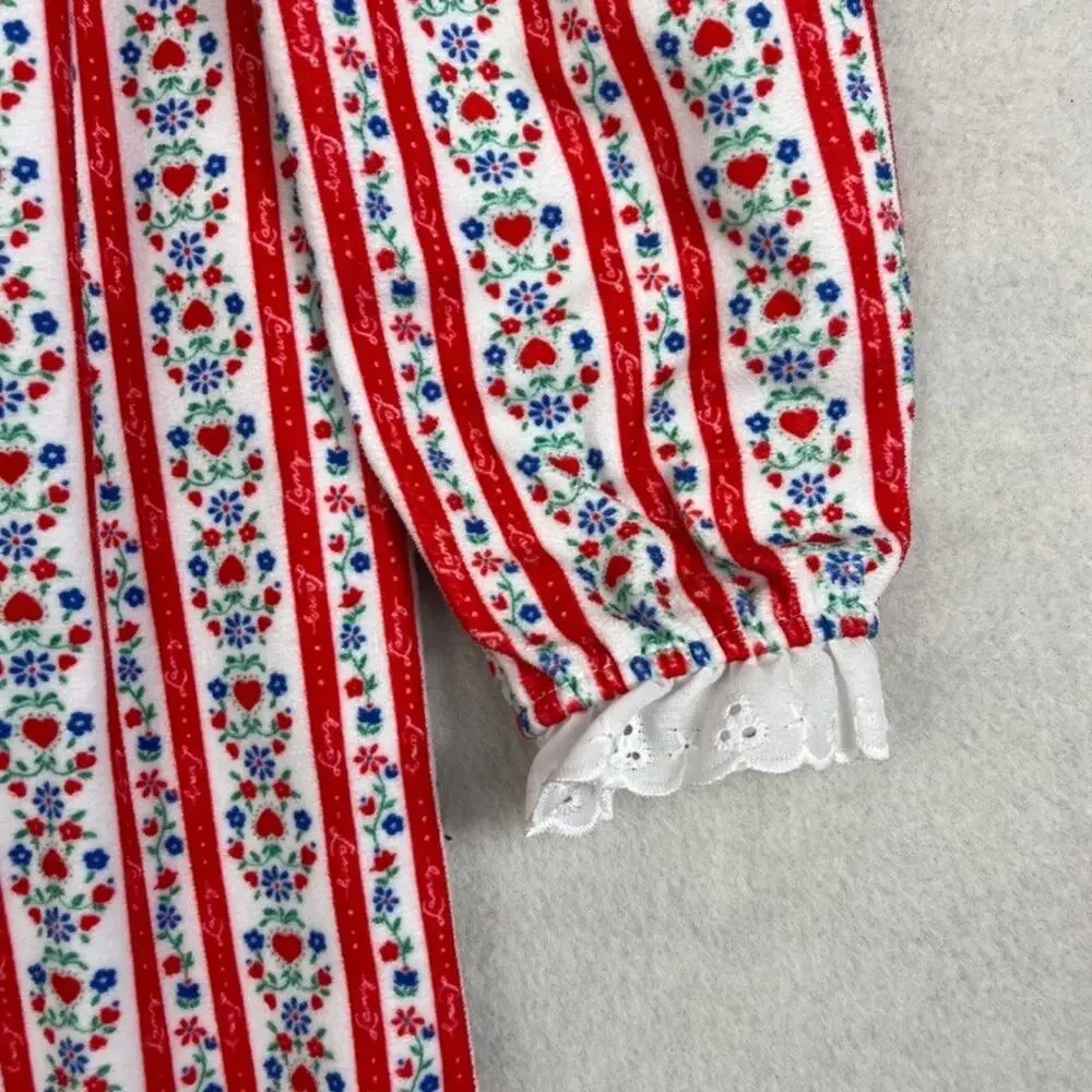 Lanz Nightgown Girls M 7/8 Red White Tyrolean Floral Fleece Eyelet Lace